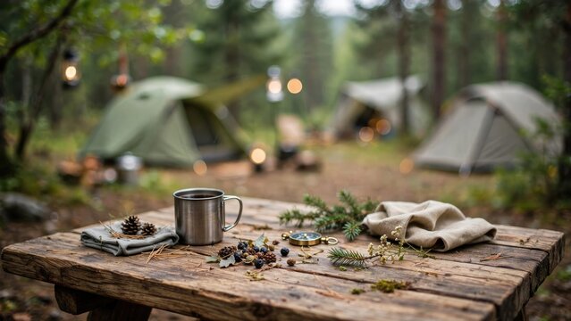 Metal camping mug on a rustic wooden table at a forest campsite.