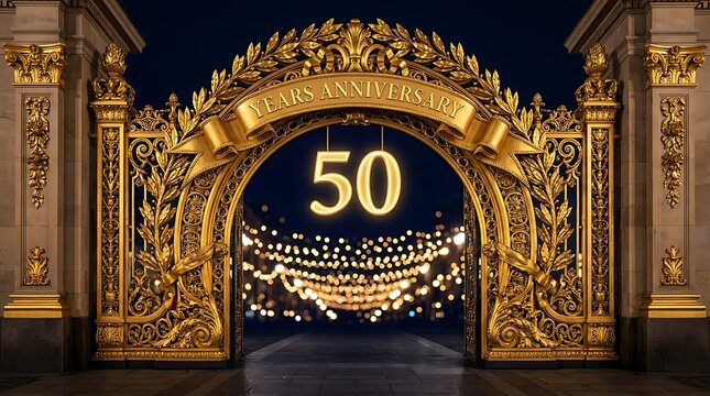 Golden ornate gate with fifty years anniversary sign and glowing bokeh lights for celebration event background