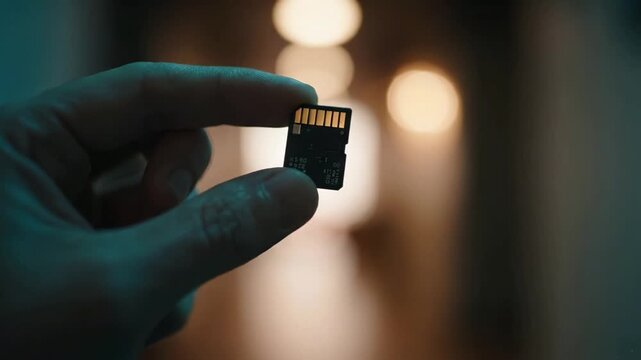 A close-up view of an SD memory card being held up with a blurred hallway background, emphasizing the details of the card design and functionality in digital storage.