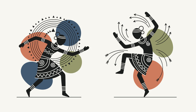Beautiful black silhouettes of African tribal dancers in traditional costumes dancing with arrows and geometric shapes.