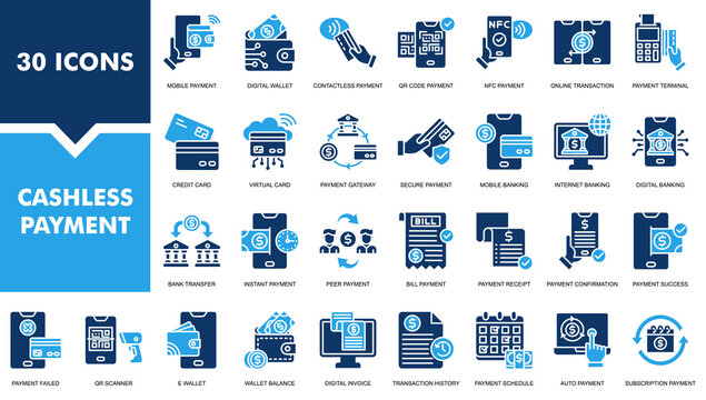 Cashless Payment Set Collection. Containing Mobile Payment, E Wallet, Mobile Banking, Credit Card and more. Fill vector illustration