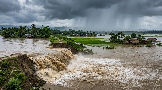 Powerful Assam flood scene featuring a breached river embankment (dyke) with a massive torrent of muddy monsoon water crashing through the broken section,
