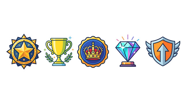 Gamification achievement badges set, 5 colorful game icons with star trophy crown diamond and shield, reward rank level up vector elements