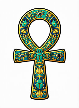 flat vector illustration, an ornate golden ankh on white