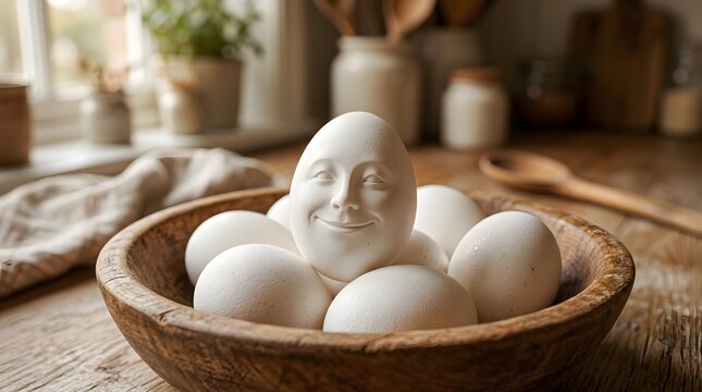 Smiling egg with a face in a wooden bowl. Surreal food photography of a happy white egg.
