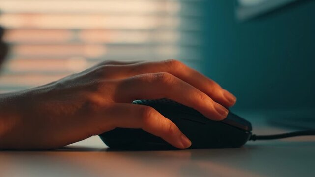 A close-up view of a person's hand gripping a computer mouse, depicting the technology and focus involved in online activities or gaming in a well-lit environment.