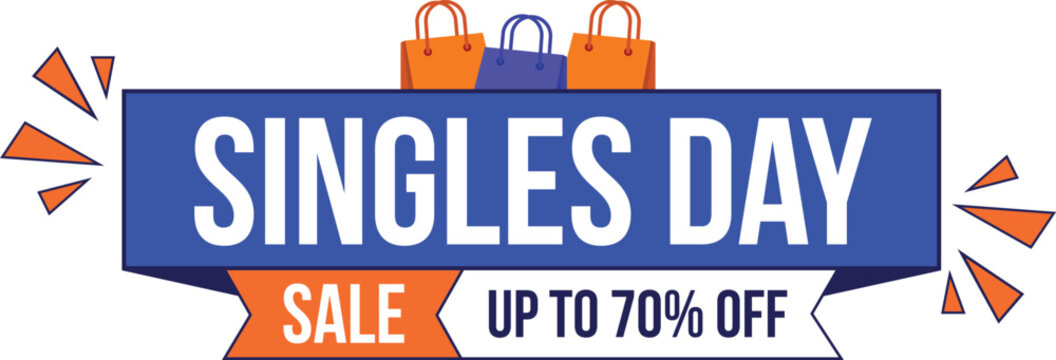 Singles Day Sale Blue Banner with Up to 70 Percent Off and Shopping Bags