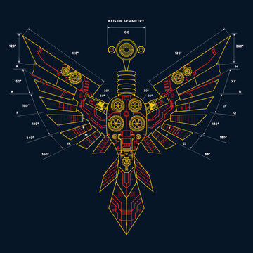 Mechanical bird blueprint vector illustration featuring detailed geometric symmetry and complex industrial gear assembly line design
