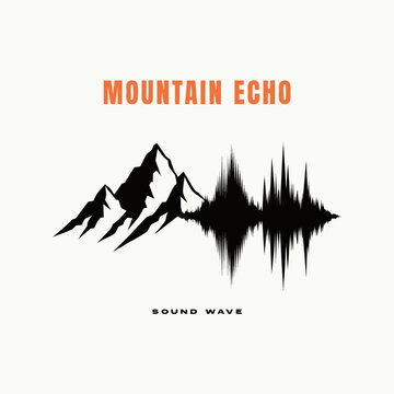 Minimalist mountain landscape graphic design merged creatively with digital audio sound wave frequencies in black ink