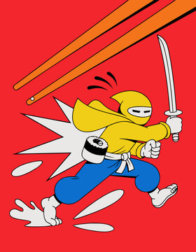 Dynamic ninja character wielding katana sword with sushi roll accessory in bold flat vector graphic illustration