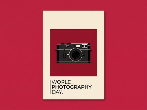 World Photography Day Poster Design with Retro Camera Illustration on Red and Cream Background