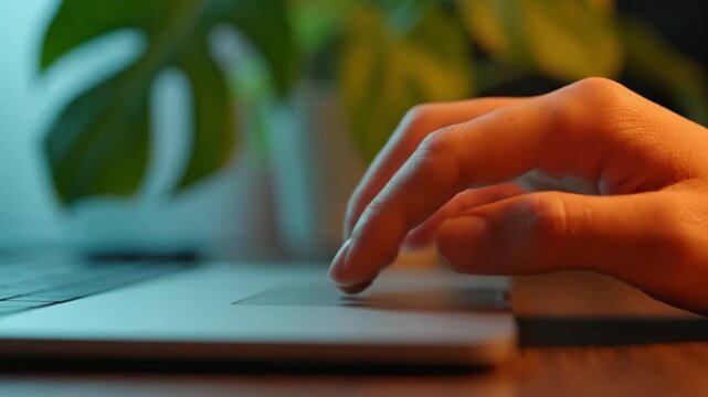 A Close-Up of a Hand Typing on a Laptop Touchpad Surrounded by Greenery, Capturing the Essence of Remote Work and Digital Communication in a Cozy Setup