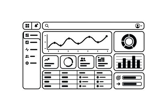 A black and white hand drawn sketch of a business dashboard interface showing various data charts graphs and analytical information panels