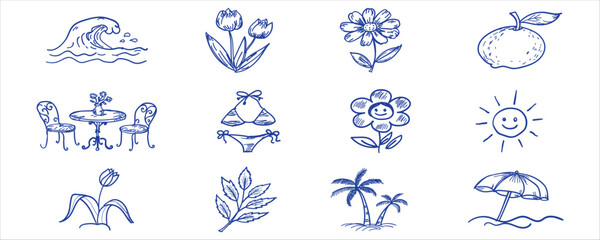 Fototapeta premium Summer vibe doodles featuring tropical palm trees beach umbrella sun bikini flowers and outdoor patio furniture set.