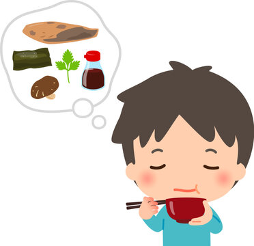 すまし汁の出汁や具材を目を閉じて味わう若い男性