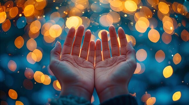 青い背景で金色の光を受け止めるように差し出された両手