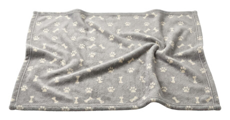 Grey Fleece Pet Blanket with Paw Print Pattern. Soft Plush Throw for Dogs and Cats. Isolated Cutout for Pet Supply Product Design. © Beni