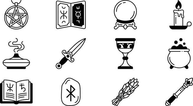 Set of witchcraft and magic icons, vector illustration of occult, esoteric, and spiritual symbols including pentagram, crystal ball, cauldron, and runes