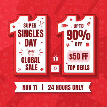 Super Singles Day Global Sale Banner with Red Background and Up to 90 Percent Off