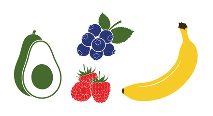 Fresh fruit icons with blueberries leaves raspberries halved avocado blueberries raspberries banana collection fresh © Asim