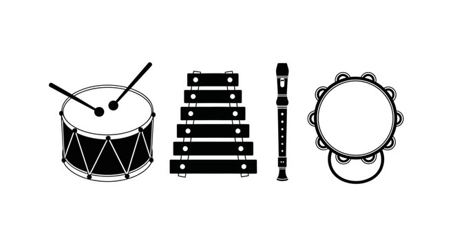 Musical instruments for rhythm with instruments including drum collection four musical drum xylophone recorder illustration tambourine graphic