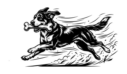 Obraz premium Black and White Dog Running with Bone Monochrome Vector Illustration Dynamic Canine Design
