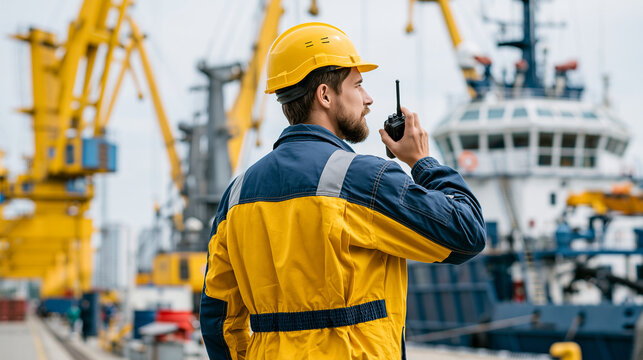 Stevedore supervisor in command overseeing cargo loading and unloading aboard a ship at port in bright daylight with maritime safety and shipping