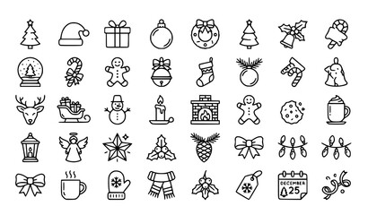 Fototapeta premium Christmas Celebration Line Icon Collection with Tree Santa Gift Wreath and Winter Holiday Vector Symbols