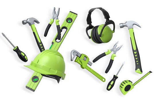 Collection of construction tools, helmets, and safety gear on white background, symbolizing work safety and building industry