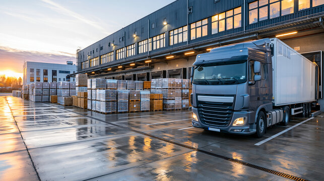 Bright cold chain logistics warehouse with refrigerated truck at loading dock, shrink wrapped pallets stacked for distribution with clean wet floor