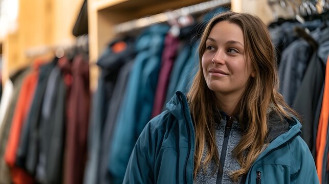 A young woman browses through racks of outdoor jackets in a retail store with warm wooden shelves and colorful apparel
