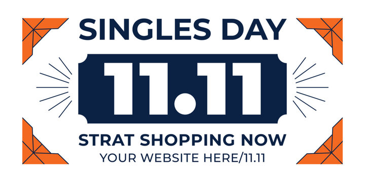 Singles Day 11.11 Shopping Banner with Blue Ticket Design and Orange Corners