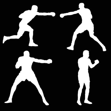 Set boxer athlete black and white image,boxer athlete black and white design set,set boxing on black and white illustration, white silhouette boxing set design vector 