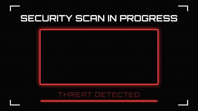 Security scan in progress, glowing red threat detection box on black background with white and red text, cybersecurity concept with scanning rectangle, symbolizing online protection and threat