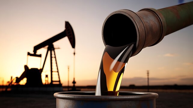 Thick crude oil flowing from a rusty industrial pipeline into a metal barrel with oil pump jacks visible in the distance during a golden sunset
