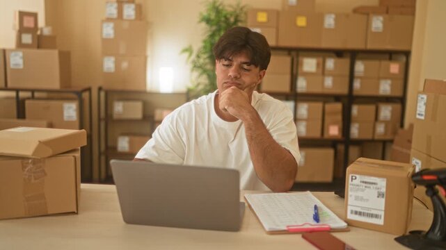 Man resting chin on clasped hands at desk with laptop, parcels, barcode scanner and checklist, surrounded by stacked shipping boxes in small business building; determination entrepreneurship.