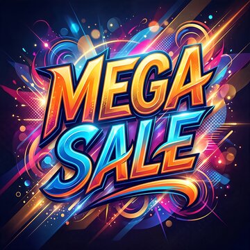 Vibrant neon mega sale typography with colorful bokeh, sparkles, and dynamic light effects on dark background