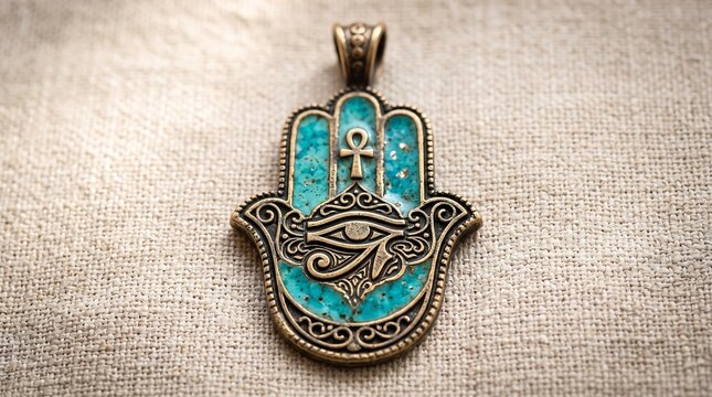 Vintage bronze Hamsa hand pendant inlaid with turquoise, featuring the Eye of Horus and an Ankh symbol, on a neutral fabric surface.