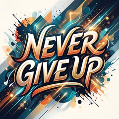 Fototapeta premium Vibrant motivational typography artwork with never give up message, dynamic brush strokes, and colorful splatter effects