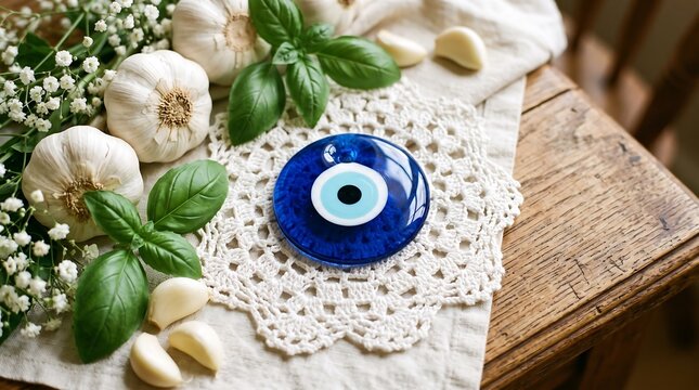 Blue evil eye glass amulet placed on crocheted lace surrounded by garlic bulbs, basil leaves, and white flowers on a wooden table.