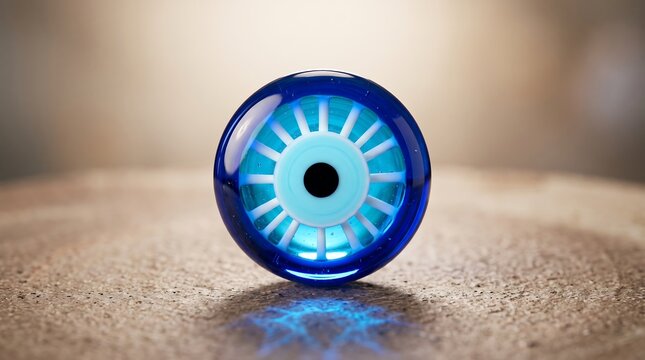 A glowing blue glass evil eye glass bead resting on a stone surface, symbolizing protection and traditional culture.
