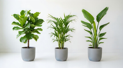 Fototapeta premium Three green potted plants in gray ceramic pots