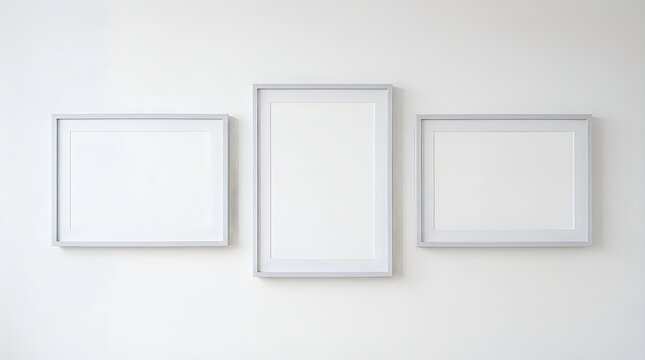 Three empty picture frames hanging on a wall