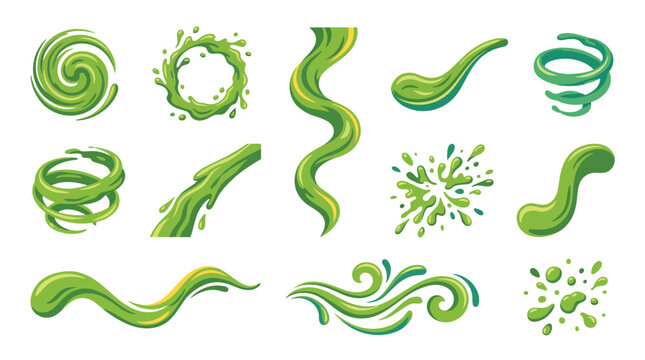 Viscous neon green fluid splashes and swirling slime blobs with comic style liquid dynamics.