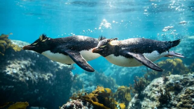 two crested penguins swimming underwater in antarctica ocean close up video