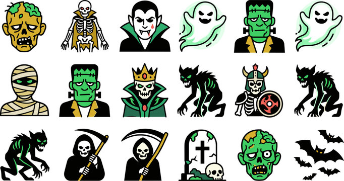 Set of halloween monster icons including zombie, skeleton, vampire, ghost, mummy, frankenstein, king skeleton, werewolf, grim reaper, tombstone, and bats