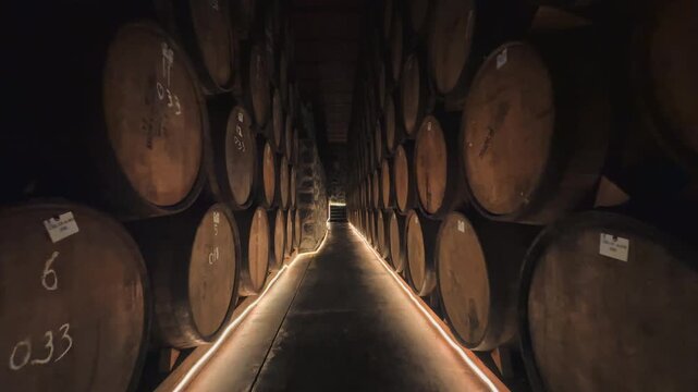 Tequila barrels aligned along a dimly lit aging cellar corridor inside a traditional distillery showcasing organized storage premium spirit maturation craftsmanship and authentic tequila production