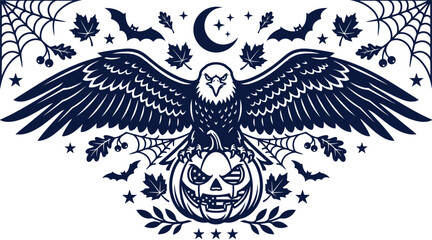 Fototapeta premium Patriotic Halloween American Eagle With USA Flag Pumpkin Gothic Autumn Vector Illustration Featuring Bats Spider Webs And Fall Leaves