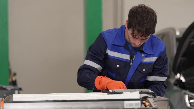 Mechanic worker uniform glove vehicle repair garage maintenance inspect car part paperwork service workshop battery fixing automobile