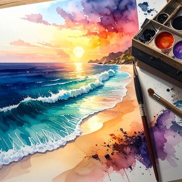 Vibrant Ocean Sunset Painting in Progress with Waves and Sand